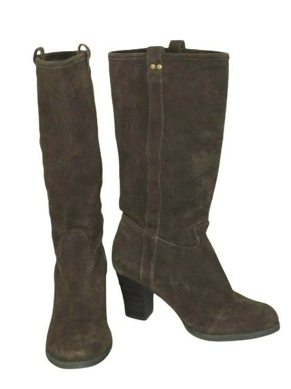 Boots Brown Suede Leather Block Heels Pull On Womens 9 Calf Height Western Almon